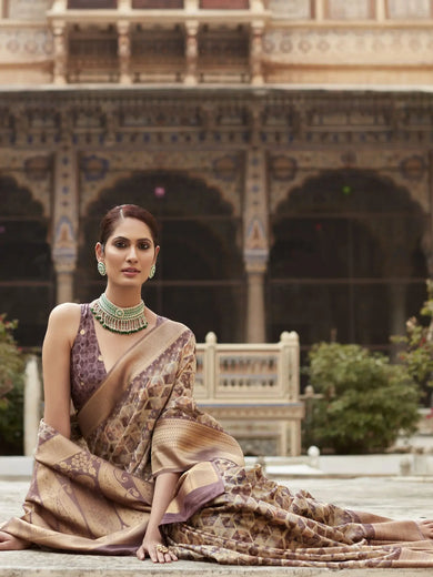 Stunning Brown Printed Tissue Silk Festival Wear Saree With Blouse